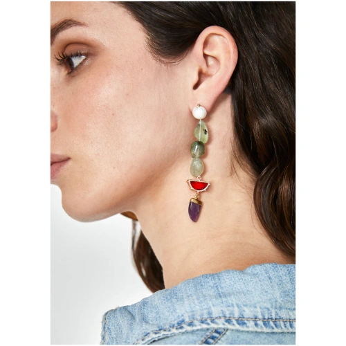 NALI LONG RESIN EARRINGS W/ STONE GREEN/RED